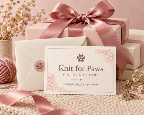 Knit for Paws digital gift card for pet lovers with blush pink gift boxes and ribbon